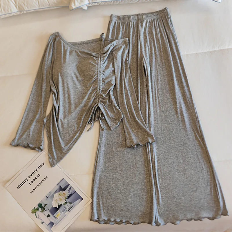 Fashion Modal Sleepwear For Women Pajamas Spring Autumn Chest Pad Outside Wear Pijama Two-piece Set Long Sleeved Home Clothes