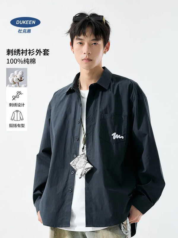 DUKEEN Men's Heavyweight Cotton Shirt Jacket Long Sleeve Embroidered Casual Loose Fit Overshirt Spring Fall Streetwear Top