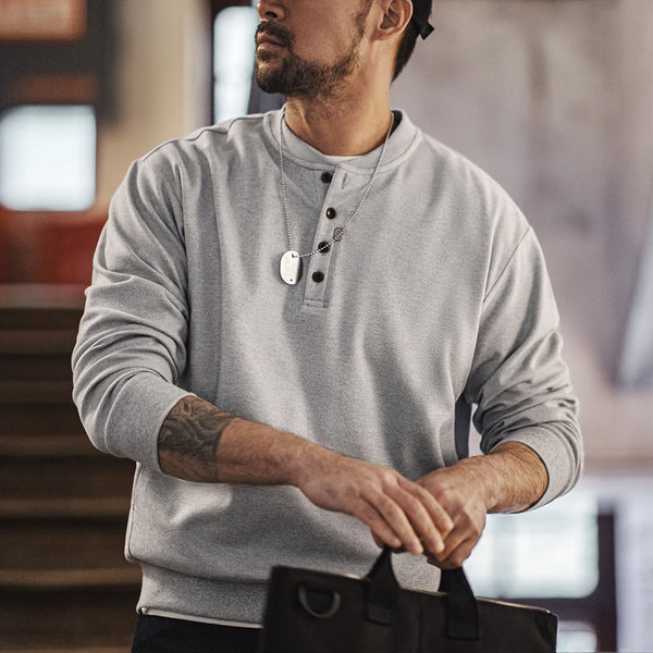 សម្លៀកបំពាក់បុរស Maden American Casual Henry Collar Tops Sweatshirt Clean-fit ដៃវែងបាត អាវយឺតនិទាឃរដូវម៉ូដទាន់សម័យ