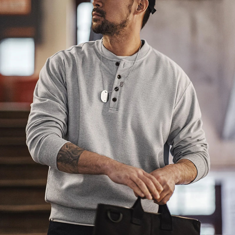 Maden American Casual Henry Collar Men's Clothing Tops Sweatshirt Clean-fit Long-sleeved Bottoming Spring T-shirt Fashion