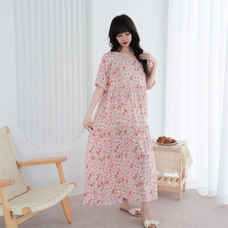 Loose Ladies Nightgowns Causal Night Wears For Women Nightshirt Short Sleeve Printed Nightdress Oversized Cotton Sleep Dress