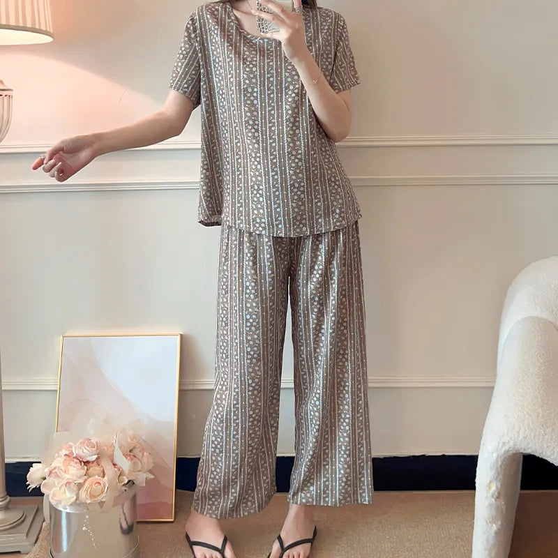 Comfort for Homewear Floral Pajamas 2 Pieces Set for Woman Casual Summer New Short Sleeve Sleepwear Women's Loungewear Suit