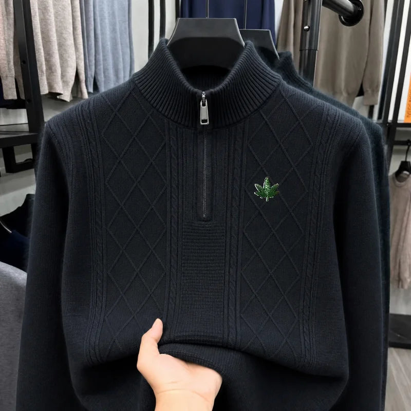 High-End Man Long-Sleeved Knitwear Mock Neck Zipper Leaf Embroidery Diamond Pattern Autumn Winter New Leisure Versatile Sweater