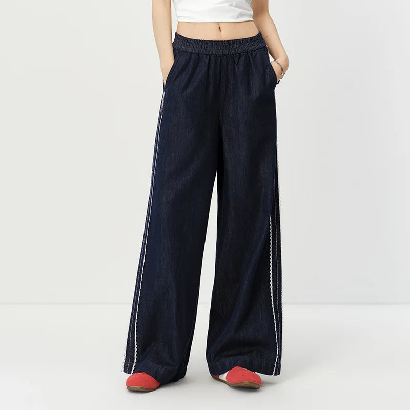 Semir Women Pants Denim Lace Trim Loose Wide Leg Lazy Temperament Floor Length 2026 Summer Fashion Casual Top
