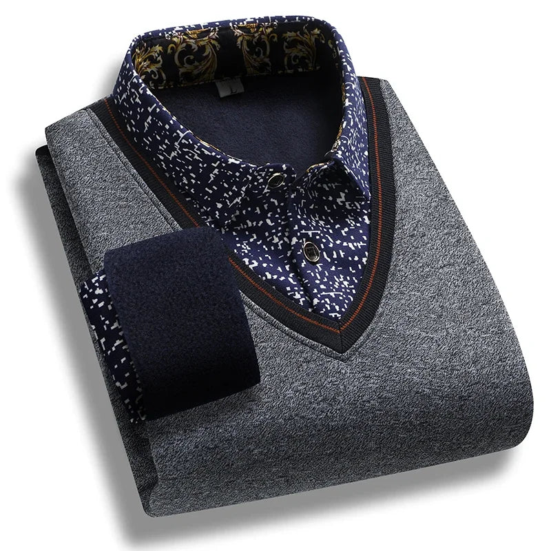 V Neck Piping Detail Fake Two Piece Shirt Men Fleece Lined Printed Collar Long Sleeve Travel and Family Gathering Wear