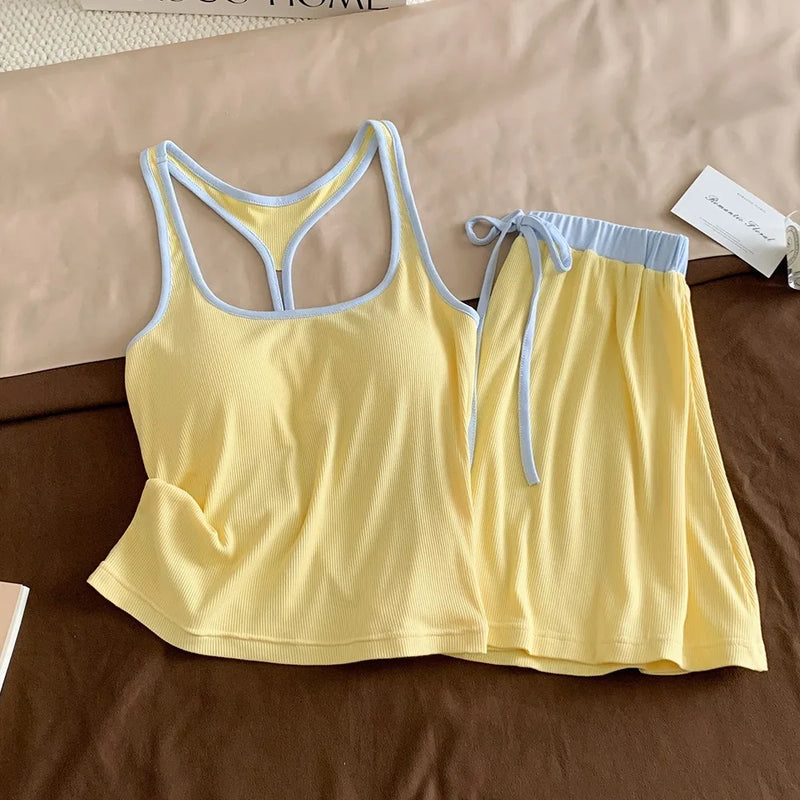 2 Piece Sleeveless Tops and Shorts Lounge Sets Chest Pad Women's Pajama Set Summer Home Clothing Pijama Sleepwear Suit Homewear