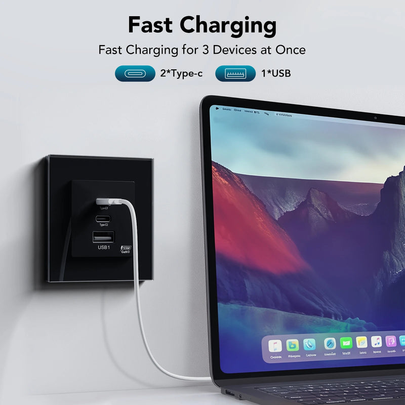BSEED GaN3 Universal Socket 65W PD Fast Charge Port USB Type-C Quick Charge With Wall Power Socket Glass Panel 100V-240V