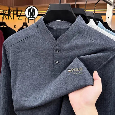 Mens Relaxed Mandarin Collar Shirt Long Sleeve Vertical Texture Embroidery Detail Casual Street Fashion Outer Top