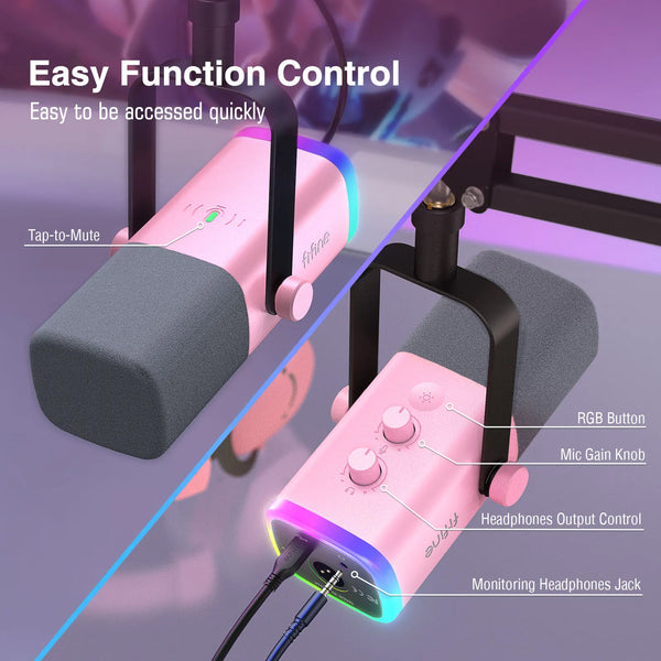 ឈុតមីក្រូហ្វូនឌីណាមិក FIFINE Gaming USB/XLR ជាមួយប៊ូតុង Gain/RGB/ម៉ូនីទ័រ, ឈុតមីក្រូហ្វូន Boom Arm សម្រាប់កុំព្យូទ័រ PS5/4 Mixer-AmpliGame ពណ៌ផ្កាឈូក AM8TP