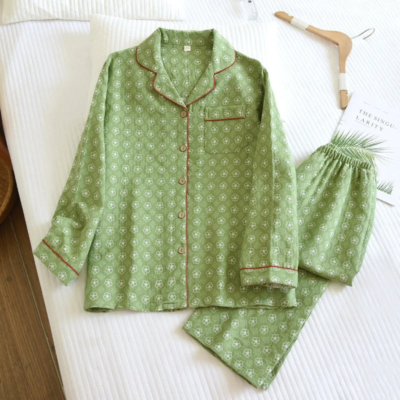 Spring Autumn Long-sleeved Home Suit Pjs Woman Set Lapel Pajamas Sleepwear Women's Cotton Floral Night Wear for Ladies Pijama