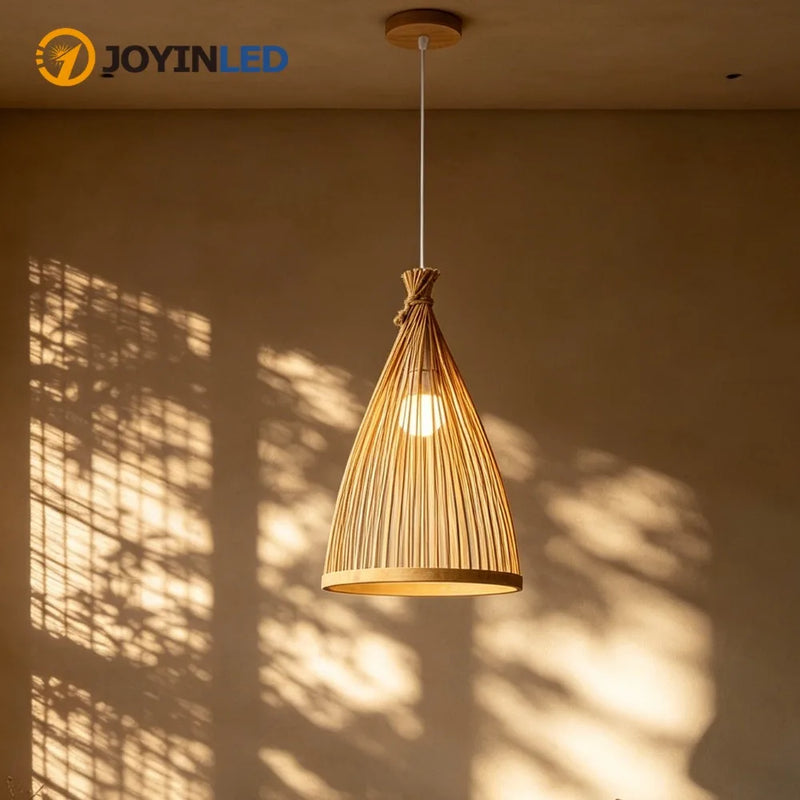Bamboo Lampshade Led Pendant Lamp Natural Rattan Wicker Ceiling Chandeliers Hand Woven E27 Lighting Fixtures Hanging Light