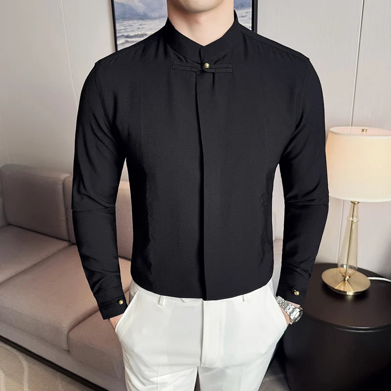 Men's Long-sleeve Slim-fit Stand Collar Shirt, Zhongshan Suit Style, Solid Color Shirt, Chinese Style Slim-fit Shirt.