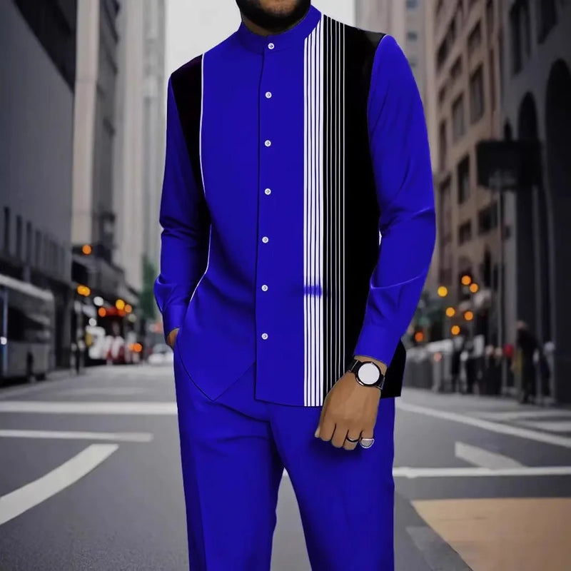 Men's Two-piece Set for Spring/Fall: An Ethnic-style Long-sleeve Shirt Paired with Pants, Red, Blue, Green, Gray, Black, Purple.