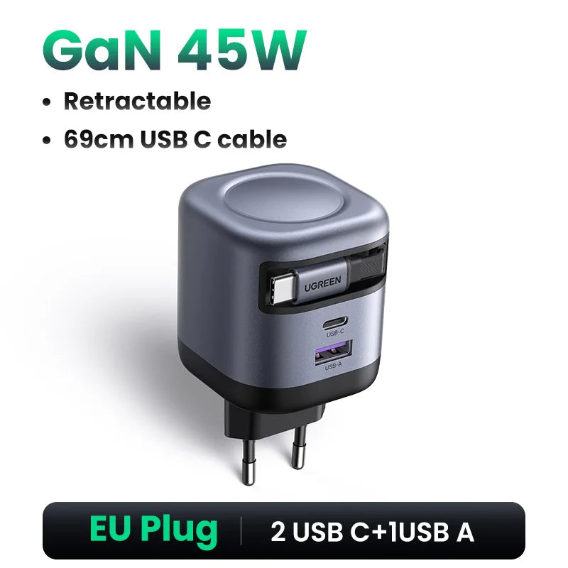 UGREEN 45W GaN Retractable Cable Charger UFCS PPS QC PD 3.0 Fast Charger For iPhone 17 16Pro Samsung S25 iPad Macbook Air Tablet