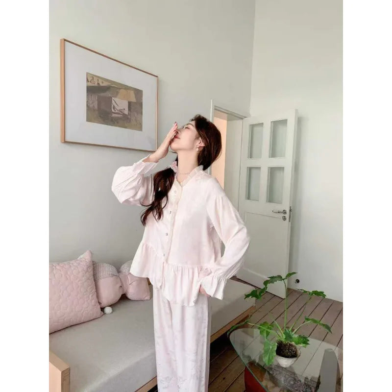 Ice Silk New Autumn Sleepwear Woman Nightwear Hot-selling Loungewear Printed Long Sleeve Pajamas Set Two-piece Home Wear Pijama