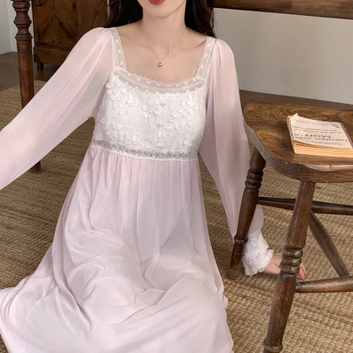 Spring Autumn French Nightgowns For Women Sleep Shirt Long Sleeved Mesh Modal Sleepwear Women's Nightwear Sweet Night Dress