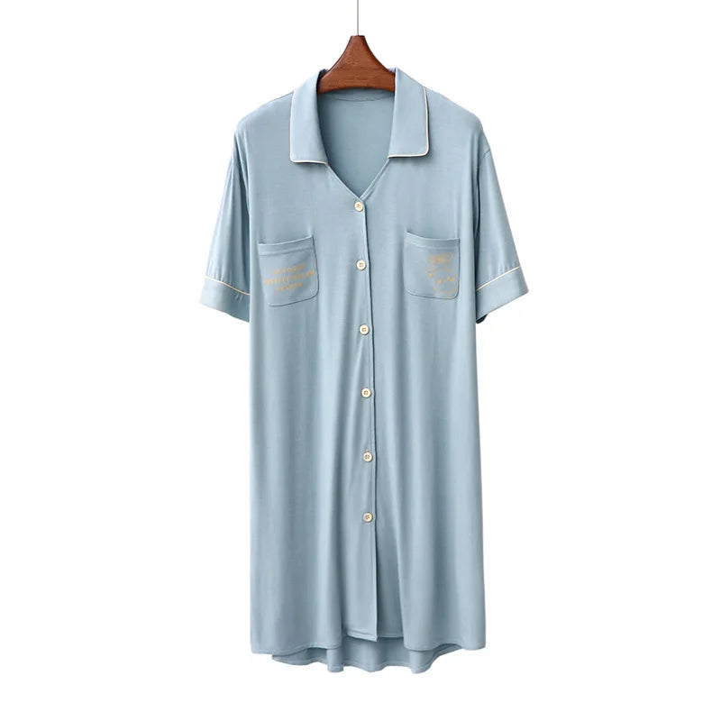 Night Wear For Ladies Cartoon Letter Print Short Sleeve Loose Casual Lapel Cardigan Home Dress Modal Summer Women's Nightgown
