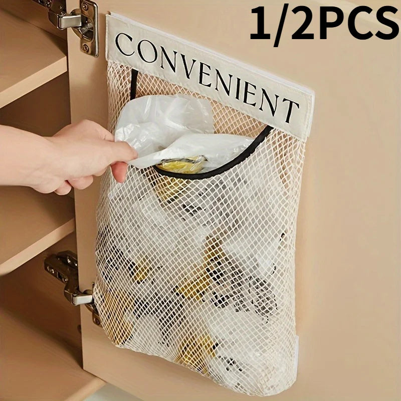 1/2pcs Versatile Wall-Mounted Plastic Bag Holder - Reusable Elastic Storage Net With Magic Sticker. for Kitchen, Bathroom