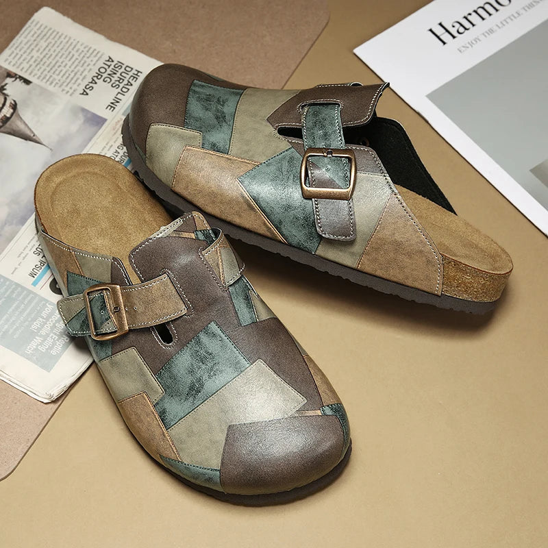 Unisex Cork Closed Toe Slippers Slip-on Clogs Slides Fashion Leather Sandals with Adjustable Buckle Backless Comfort Footbed