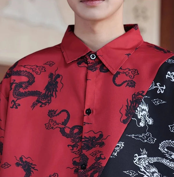 Unisex Street Dance/hip-hop Performance Attire, Loose Fit, Color-blocked Set with A Chinese Dragon Print. (Shirt and Pants)