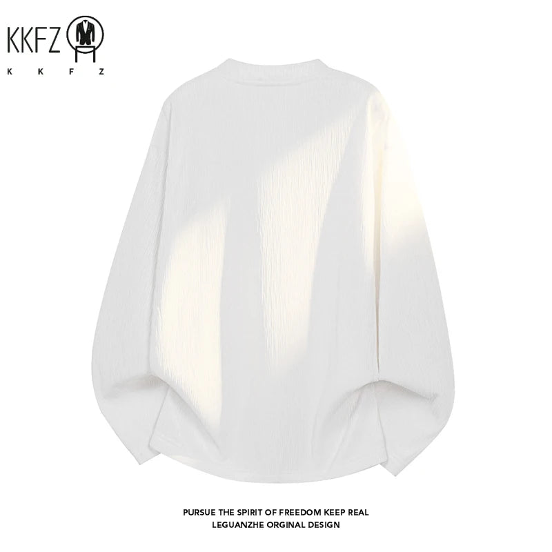 Men Breathable Crinkle Textured Long Sleeve Top Notched V Neck Curved Hem Oversized Fit For Multi Occasion Dressing