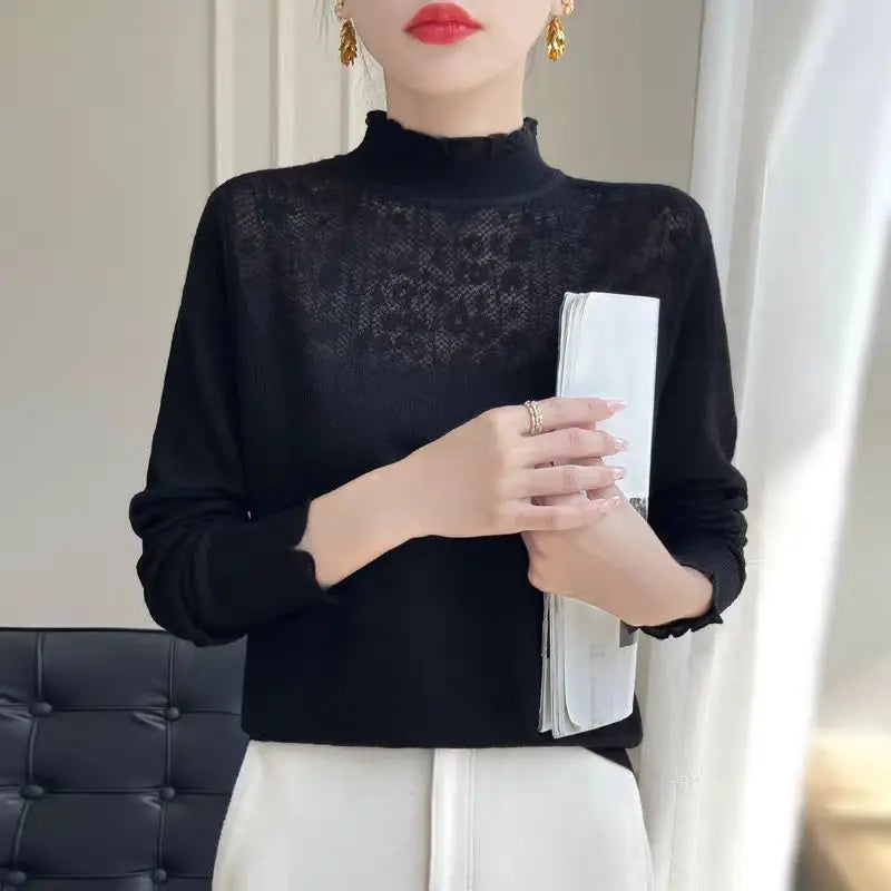 ទាញ Femmes ពាក់កណ្តាល Turtleneck Knitwear កំពូល Elegant Ladies Pullover អាវរដូវស្លឹកឈើជ្រុះរដូវរងា Bottoms ស្លៀកអាវយឺតស្ត្រី Jumper