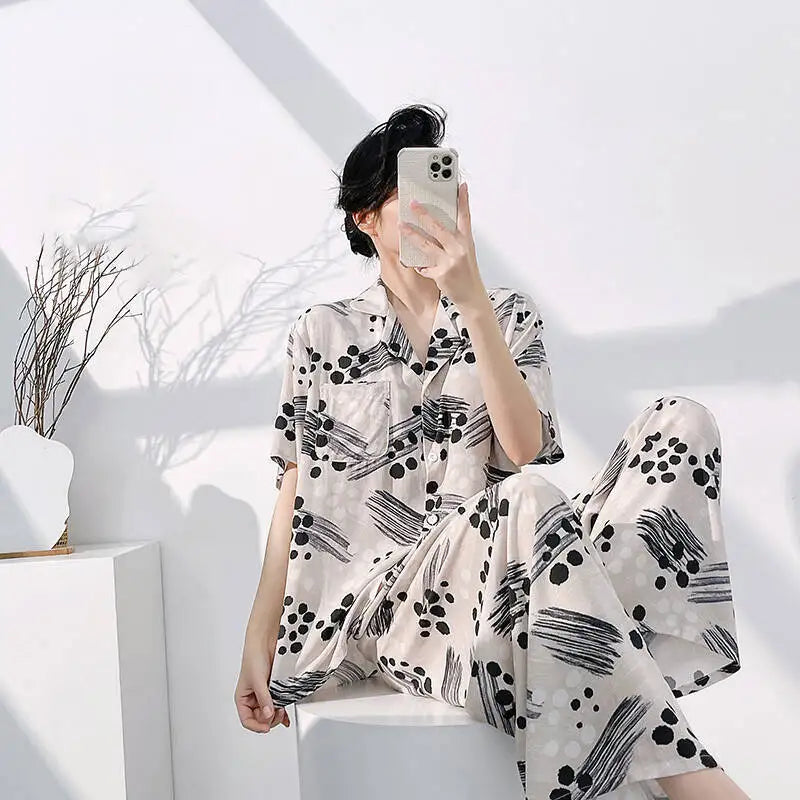 Floral Pajamas Woman Summer Night Wear Ladies 2 Piece Pijama Cardigan Lapel Short Sleeve Homewear Loungewear Home Suit 2026 New