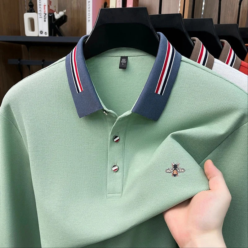 High Quality 100% Cotton Man Long-Sleeved Polo Shirt Lapel Button Color Blocking Bee Embroidery Autumn New Leisure Men's Wear