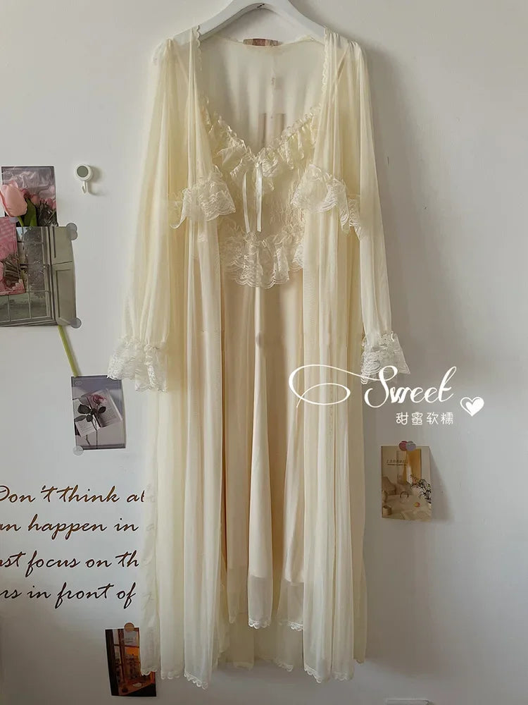 Vintage Female Court Style Thin Robe/Nightdress Ladies Princess Nightgowns Fairytale Pajamas Sleepwear Women's Home Clothing