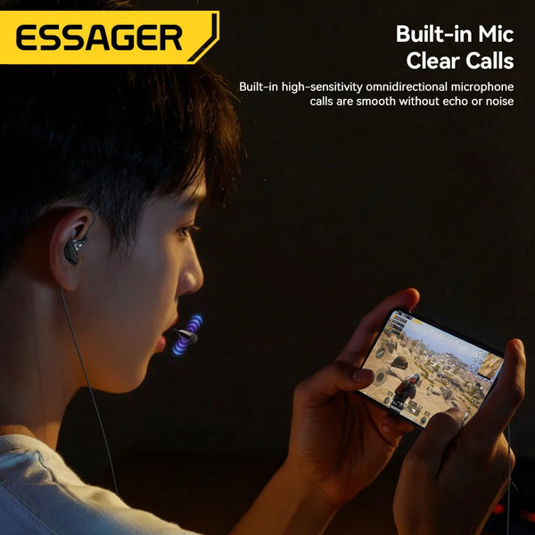 កាសស្តាប់ត្រចៀក Essager Game មានខ្សែ HIFI Bass ក្នុងត្រចៀក USB ប្រភេទ C 3.5mm ជាមួយខ្សែដែលគ្រប់គ្រងដោយមីក្រូហ្វូន កាសកាត់បន្ថយសំឡេងរំខាន