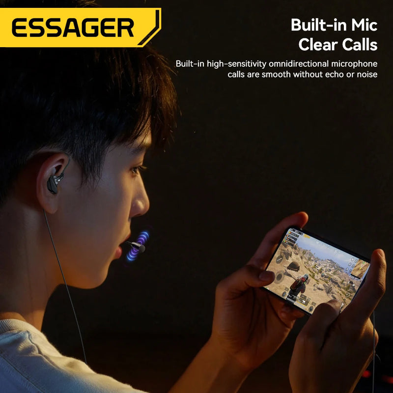 កាសស្តាប់ត្រចៀក Essager Game មានខ្សែ HIFI Bass ក្នុងត្រចៀក USB ប្រភេទ C 3.5mm ជាមួយខ្សែដែលគ្រប់គ្រងដោយមីក្រូហ្វូន កាសកាត់បន្ថយសំឡេងរំខាន