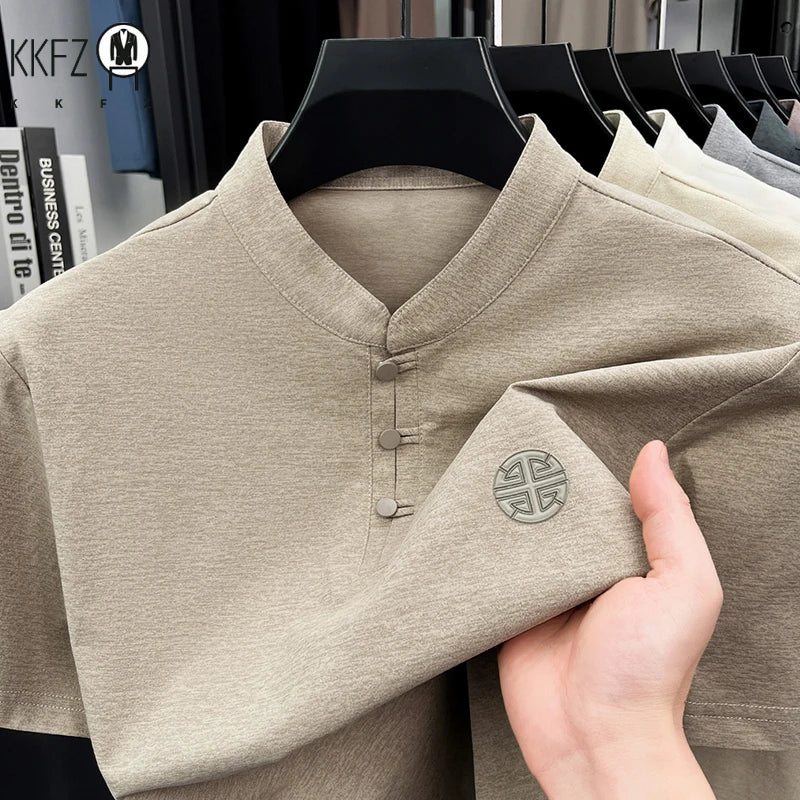 Men Summer Chinese Style Short Sleeve T Shirt Mandarin Collar Frog Button Embroidered Casual Breathable Tee
