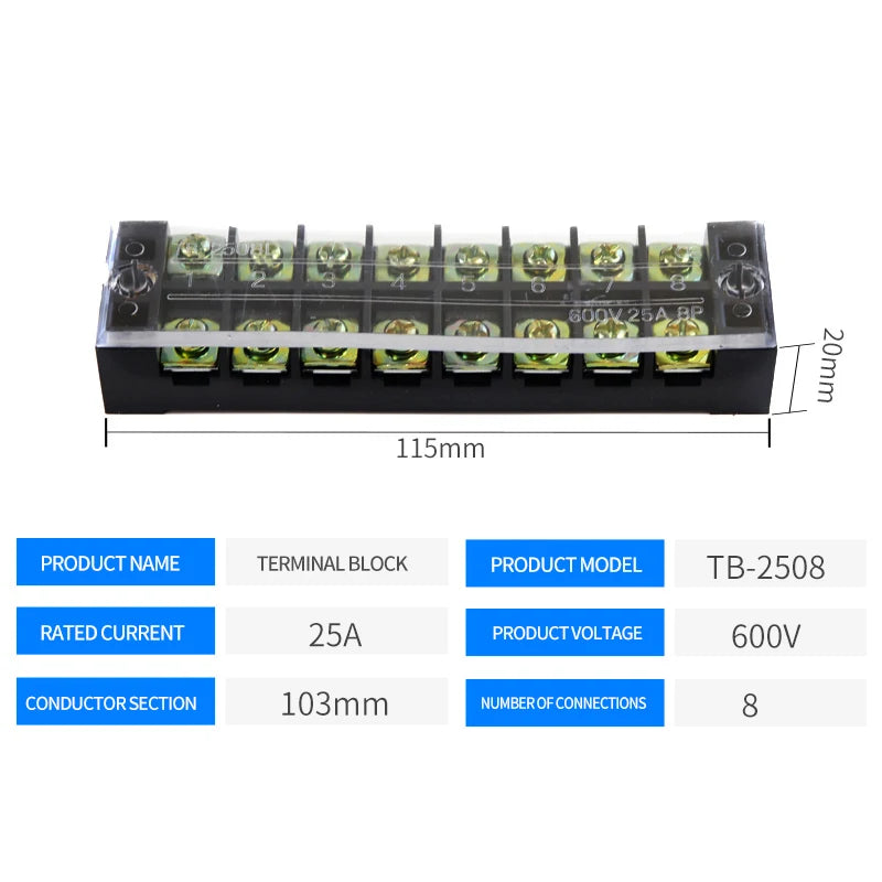 15A/25A/45A 3/4/6/8/10/12 Dual Row Barrier Screw Terminal Block Strip Wire Connector 600V Positions Optional