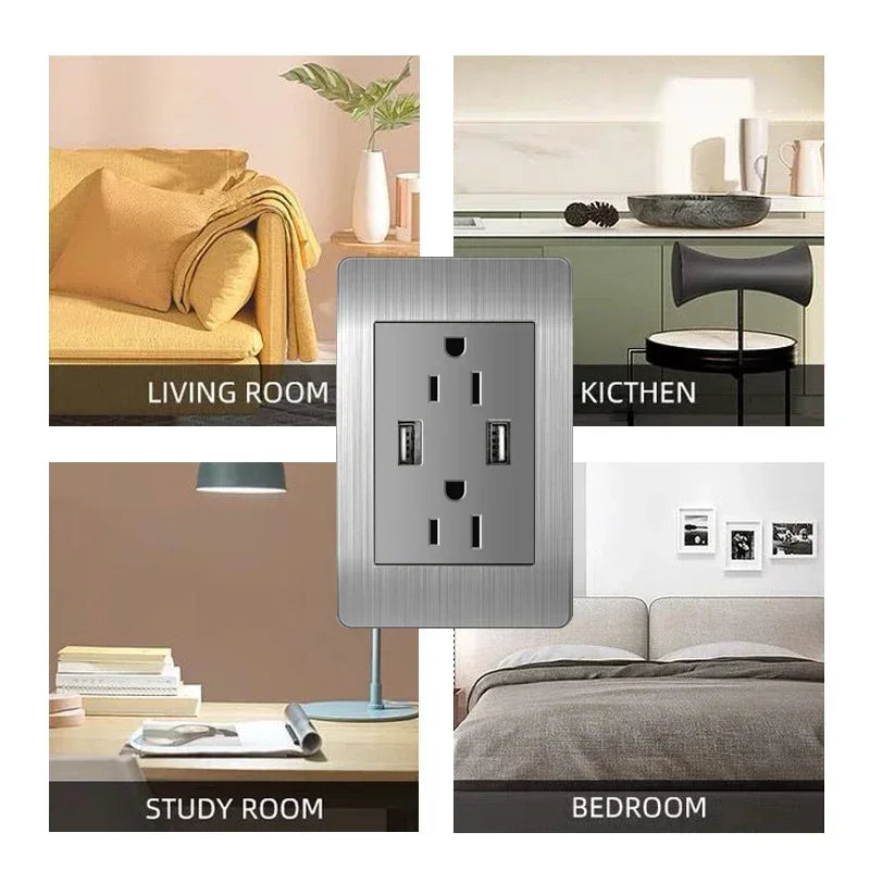 American Standard Wall Light Switch Power Socket Universal Plug with usb US Stainless Steel 2way Socket Panel 118*74m Computer