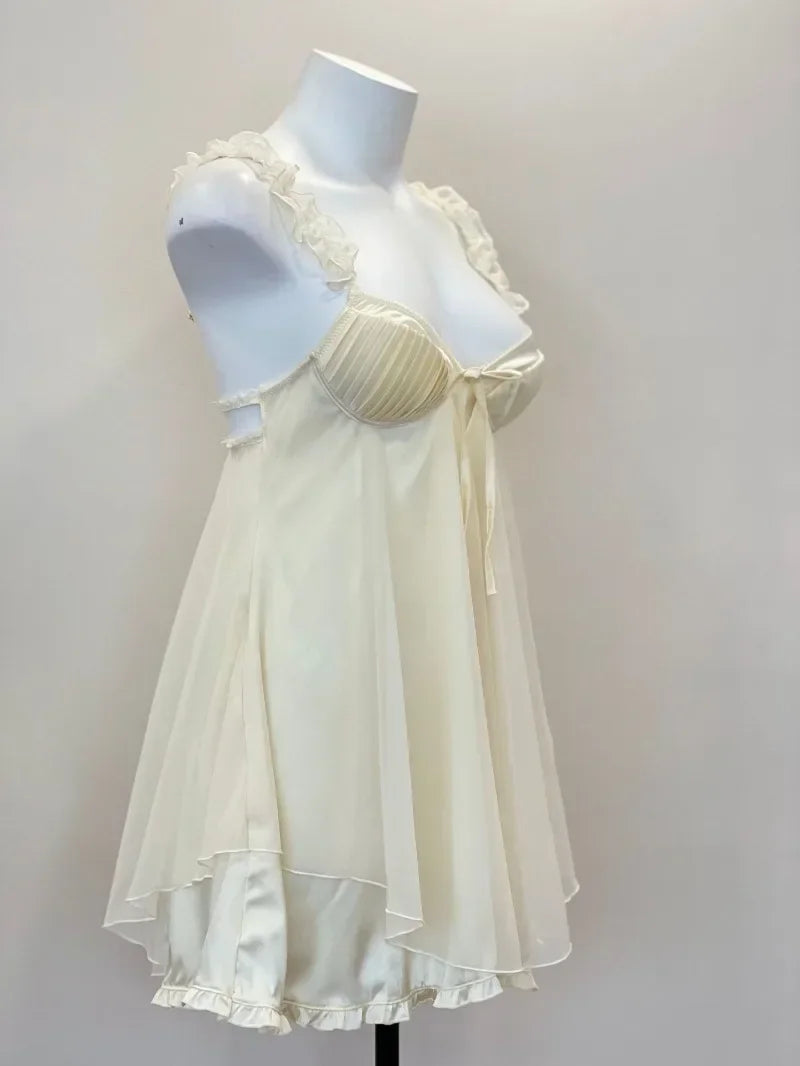 Sexy Mesh Pajamas Women's Nightgowns New Ruffles Lace Chest Pad Cushion Suspender Pajama Dress Night Sleepwear Lingerie