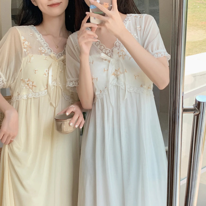 Lace Modal Mesh Summer Night Dress Woman Court Princess Nightdress Loungewear Sleepwear Women's Nightgowns Homewear Nightwear