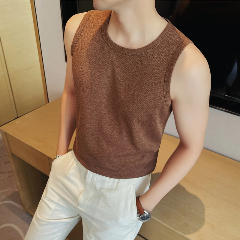 Men's Two-Tone Linen Blend Knit Tank Top – Summer Breathable Textured Sleeveless Vest for Fitness & Casual Wear
