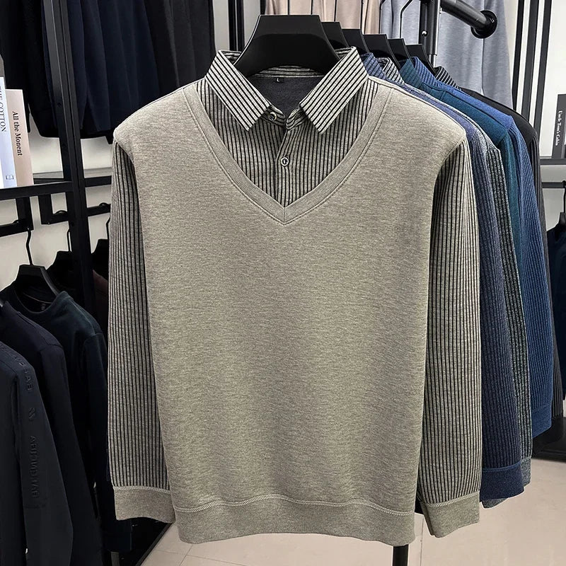 Thermal Warm Knit Sweater For Men Collared Fake Vest Elastic Cuff Full Fleece Lined Vertical Stripe Autumn Office Clothing