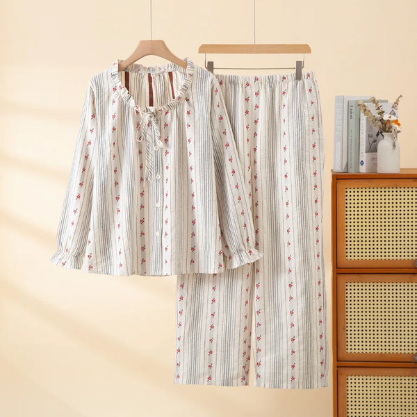 100% Cotton Women's Pajama Set Home Wear Floral Long Sleeve Loungewear Sleepwear Ladies Pijama 2 Pieces Set Night Wear Female
