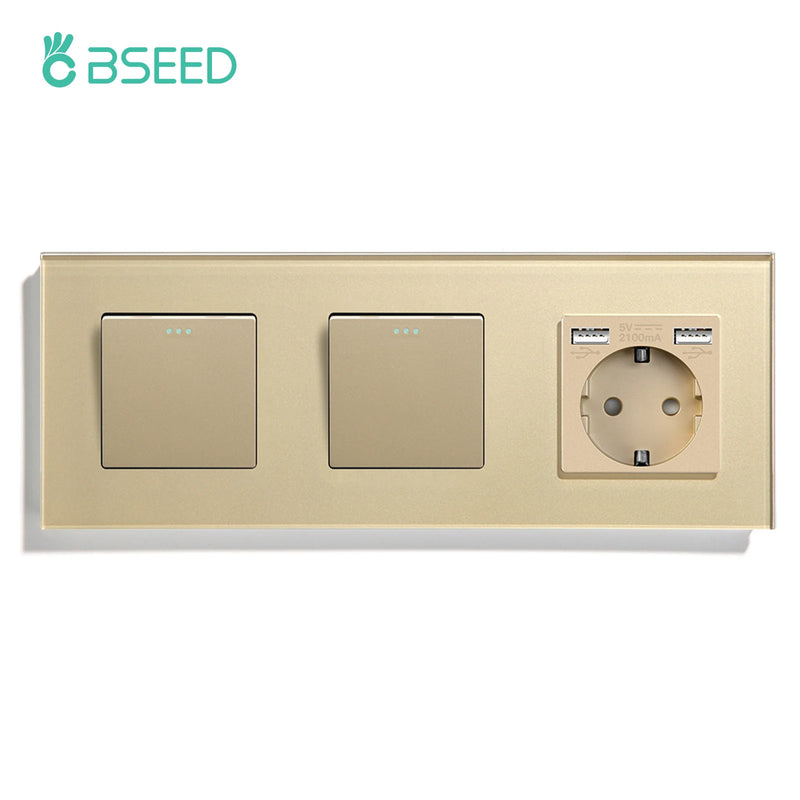 BSEED EU Standard Wall Button Switches Double 1Gang 1Way Wall Power Sockets USB Charger Glass Panel Type-C Socket Outlets