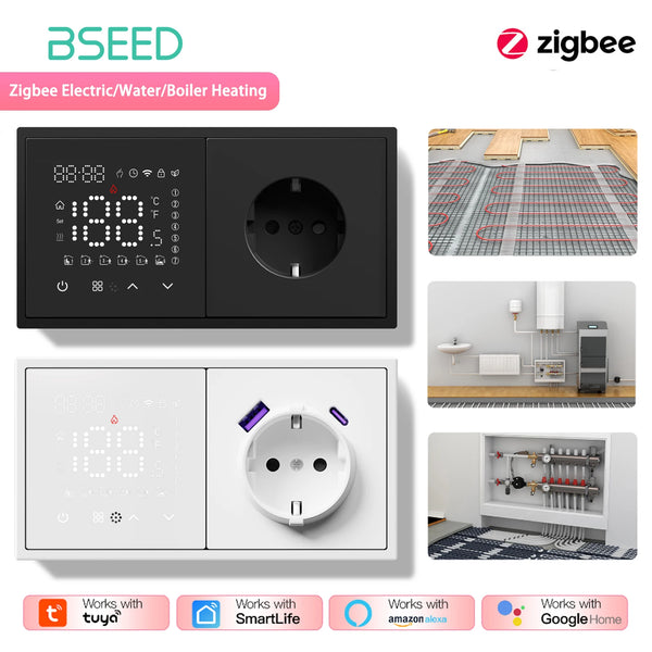 BSEED Zigbee Thermostat Smart Electric Floor Heating Water Boiler With Socket Alexa Google Temperature Controller Plastic Frame