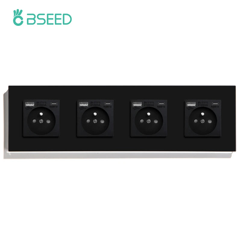 BSEED French Standard Single Wall Power Sockets Double France USB Type-C Port Outlet Crystal Glass Panel Children Protection 16A