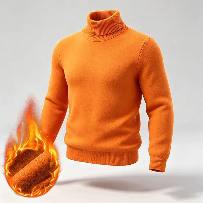 Men Fleece Lined Turtleneck Knit Sweater Ribbed Cuff Thermal Pullover For Winter Urban Daily Commute And Street Casual Outfits