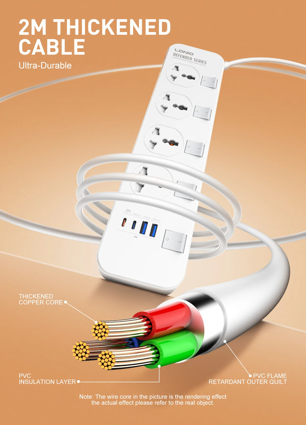 ឌុយភ្លើង V2.0 ខ្សែភ្លើងបន្ថែមទំហំ 6.5 ហ្វីត/2 ម៉ែត្រ ឧបករណ៍ការពារការកើនឡើងនៃចរន្តអគ្គិសនី មានរន្ធដោត AC ចំនួន 4 រន្ធ USB C ចំនួន 2 រន្ធសាកថ្ម USB A ចំនួន 2 កុងតាក់សម្រាប់ដោតចក្រភពអង់គ្លេស សហរដ្ឋអាមេរិក និងសហភាពអឺរ៉ុប