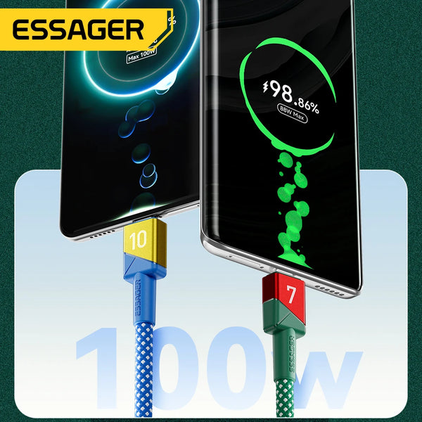 ខ្សែសាក ESSAGER 100W 7A USB Type C សម្រាប់ Huawei 88W ខ្សែសាកលឿន Super Fast Charging ខ្សែពណ៌ក្រុមបាល់ទាត់ សម្រាប់ Xiaomi 15 Samsung Oneplus