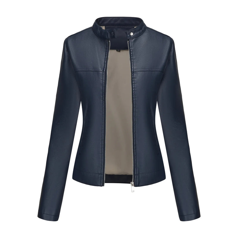2026 New Women's Black Fitted Leather Jacket with Front Zipper & Side Pockets‌, Available in Brown, Navy Blue, and Beige.
