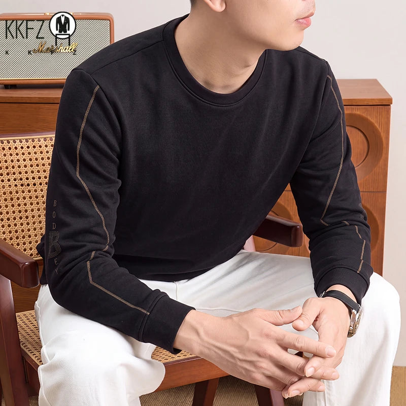 Autumn Leisure Long Sleeve Thermal Shirt Men Round Neck Decorative Sleeve Stitch Elastic Basic Daily Top