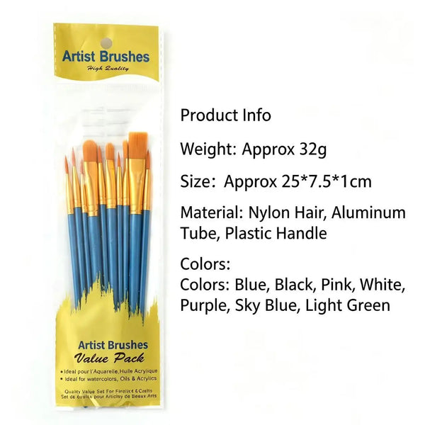 10 Pcs Nylon Hair Paint Brushes Set, Pearl Plastic Handle Watercolor Oil Acrylic Painting Brush for Students Beginners