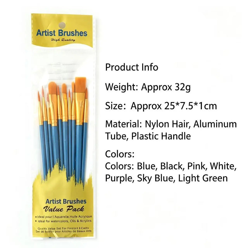 10 Pcs Nylon Hair Paint Brushes Set, Pearl Plastic Handle Watercolor Oil Acrylic Painting Brush for Students Beginners