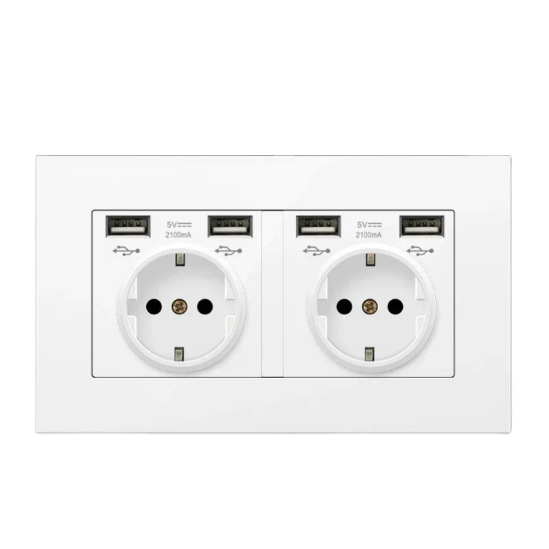 Black PC European Standard Dual 16A Wall Socket with Usb Charging Port, USB Plug Adapter 220V Power Socket Strip 146mm*86mm